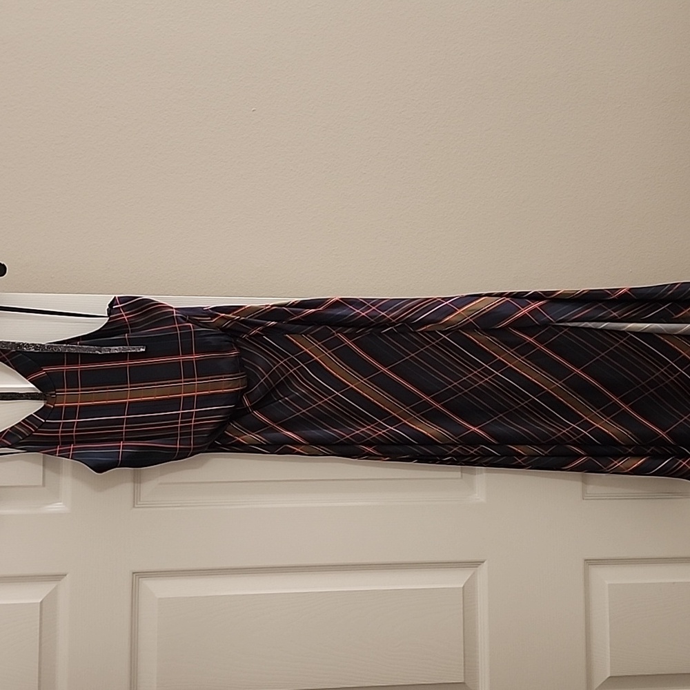 Silky Ted Baker Self-tie Halter Dress in a unique navy/green/pink plaid